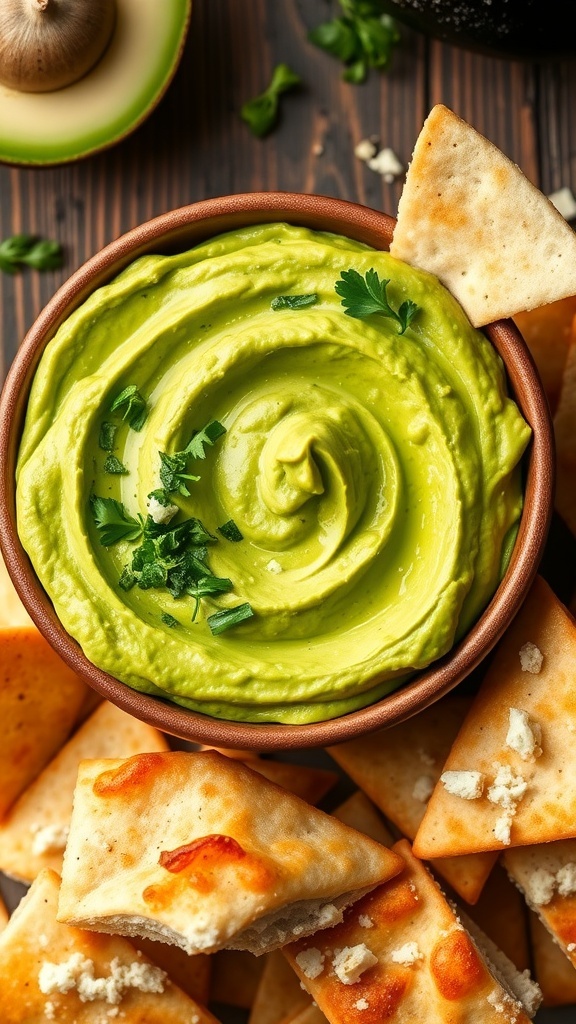 Creamy avocado feta dip in a bowl with pita chips on a wooden table.